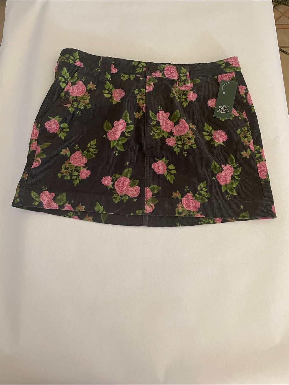 wild fable Black Corduroy Mini Skirt with Pink Rose Print